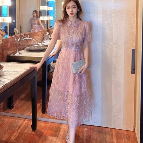 Womens Party Dress Female Summer Vintage Elegant Pink Lace Embroidered Turn Down Collar Short Sleeve High Waist Midi Dress