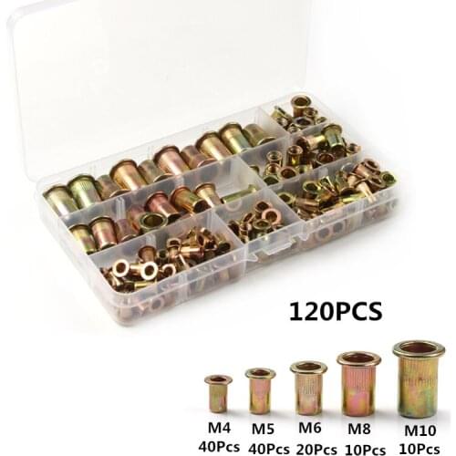 120PCS Carbon Steel M4/5/6/8/10 Rivet Nuts Flat Head Rivet Nuts Set Nuts Insert Reveting