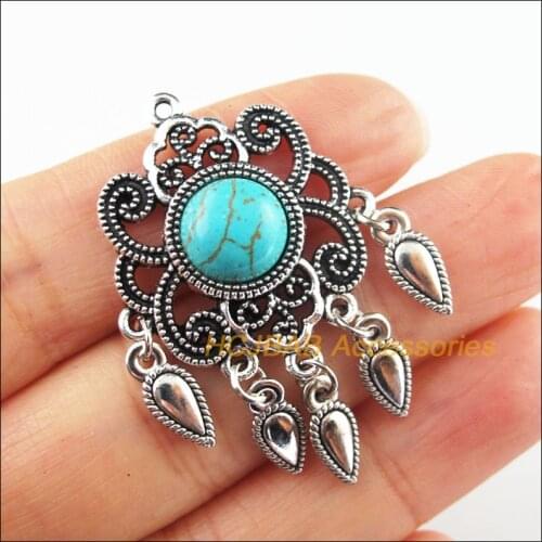 4 New Flower Charms Tibetan Silver Stone Waterdrop Tassels Pendants Retro 27.5x45mm