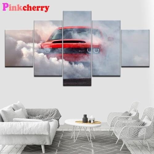 Multi Panel 5D Diy Full Square round Diamond Painting Cross Stitch dodge challenger demon Diamond Embroidery 5 piece Wall art
