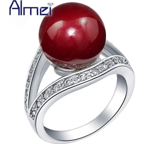 Almei 49% off Red Simulated Pearl Rings Silver Color Jewelry for Women Crystal Wedding Engagement Ring Black Anel Bijoux J381