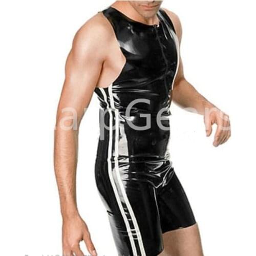 Sleeveless Sexy Latex Jumpsuit with stripes two sides Latex Rubber playsuit romper jump suit plus size