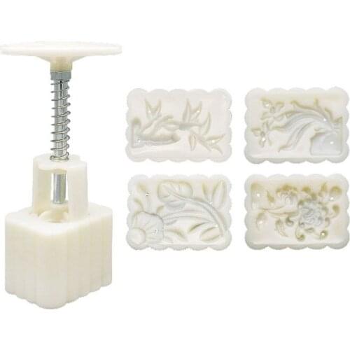 Bean Mooncake Mold with 4pcs Square Flowers Stamps Hand Press Moon Cake Pastry