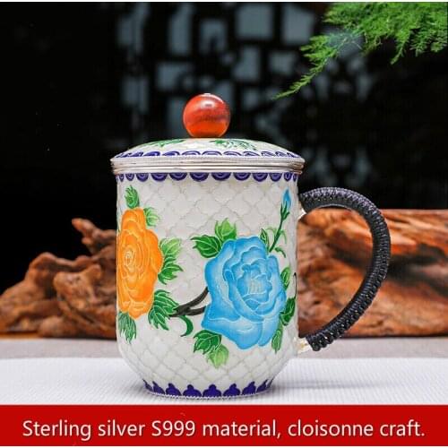 Mug Cup Pure Silver 999 Handicraft Enamel Teapot Cloisonne Tea cup Kung fu Tea set