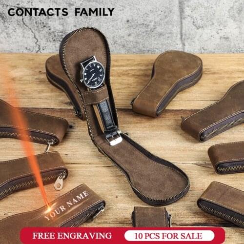 CONTACTS FAMILY Wholesale Vintage Genuine Leather Watch Storage Box Case Collector Protective Organizer Zipper Watch Travel Bag