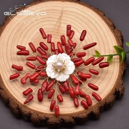 GLSEEVO Pure Natural Freshwater Pearl Brooch Female Coral Shell Snowflake Brooch Wedding Party Boutique Jewelry GO0395