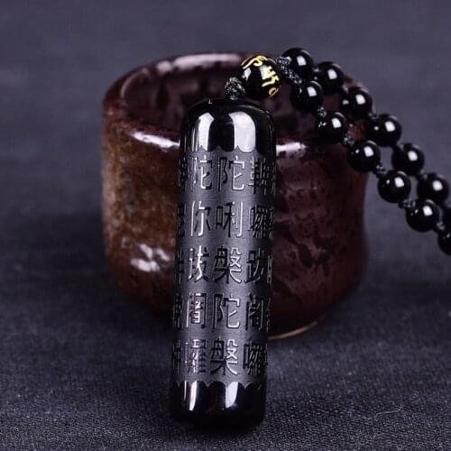 Natural Obsidian Hand Carved Heart Sutra Jade Pendant Fashion Boutique Jewelry Mens and Womens Buddhist Necklace Accessories