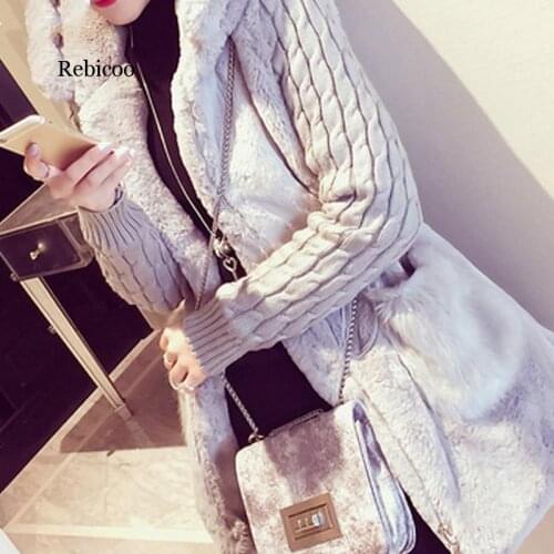 Autumn winter new classic fashion knitted rabbit fur jackets patch faux fur thickening hooded jacket female outerwear