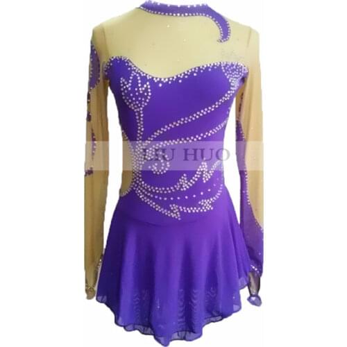 Figure Skating Dress Womens Girls' Ice Skating Dress Light purple long sleeved style Flower drill pattern Handmade High elastic