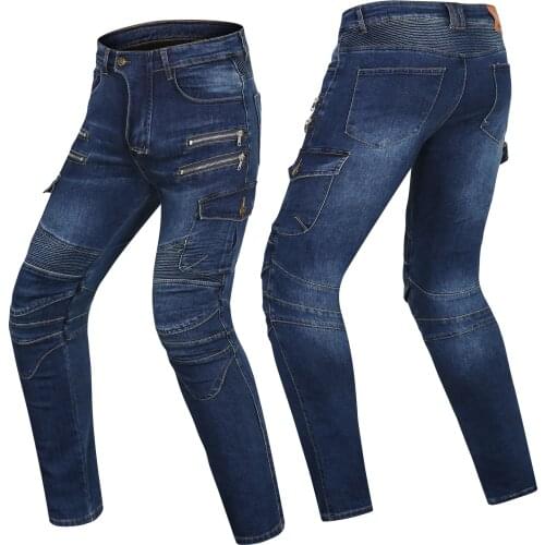 Double zipper Metal Style Motorcycle Leisure Motorcycle Mens Outdoor Riding Jeans Slim Pants With 4 Protecter Gears
