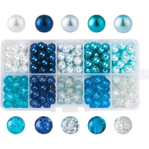 4/6/8mm Mixed Baking Painted Crackle Glass & Glass Pearl Bead Sets Jewelry Making DIY Loose Beads Accessories, Round Mixed Color