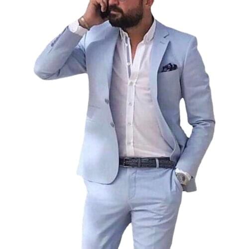 New Sky Blue Linen Beach Men Suits Summer 2 Piece Slim Fit Groom Tuxedo for Wedding Formal Male Fashion ( Jacket Pants ) Custom