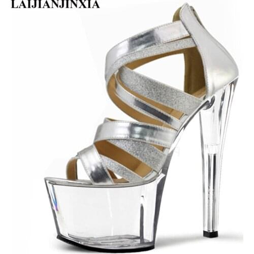 New 17cm high heels, flash powder crystal Roman style hollow sandals, fine and waterproof platform Dance Shoes