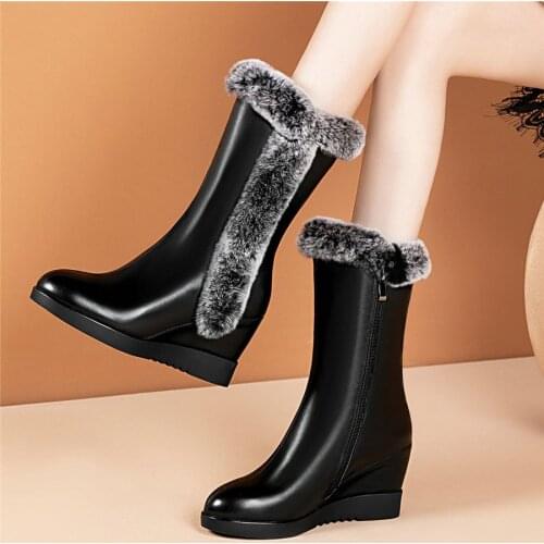 New Warm Rabbit Fur Pumps Shoes Women Genuine Leather Wedges High Heel Ankle Boots Female Winter High Top Platform Oxfords Shoes