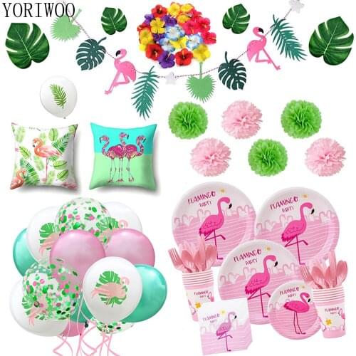 YORIWOO Hawaii Flamingo Disposable Tableware Children Birthday Party Decorations Kids Girl Hawaiian Party Decorations Tropical