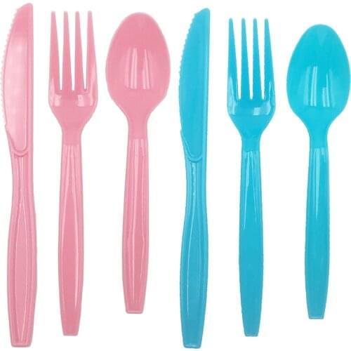 Disposable Cutlery Dessert Pink Blue Spoon Fork Knife Long Handle Cutlery Christmas Birthday Wedding Party Supplies