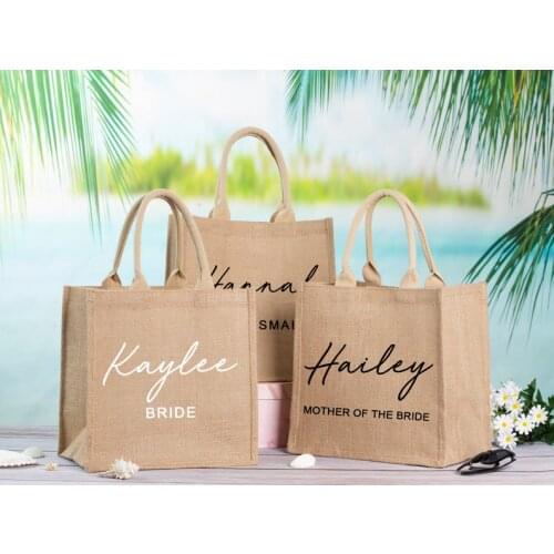 Personalized Bridesmaid Gift Bag Custom Name Bachelorette Party Beach Jute Bag Mother of Bride Wedding Favors Gift Tote Bags