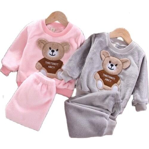 Baby Boy Girl Pajamas Set Flannel Fleece Toddler Kids Child Warm Catoon Bear Sleepwear Clothes 2021 Winter Fall Spring 1-6 years