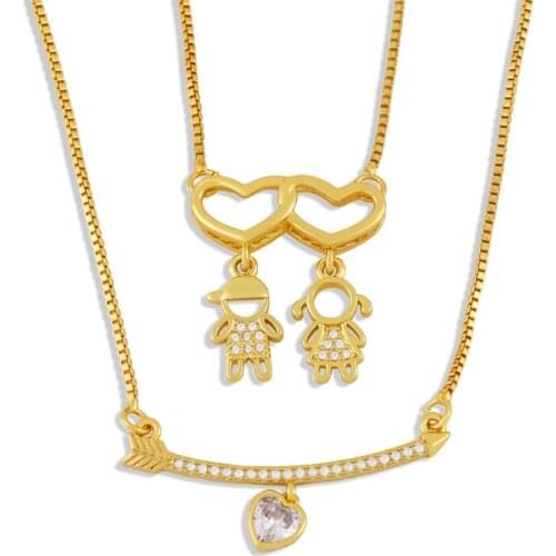 EYIKA Luxury Zircon Boy Girl Double Love Heart with Arrow Pendant Necklace Women Jewerly Gift for Family Couples Kids Mother