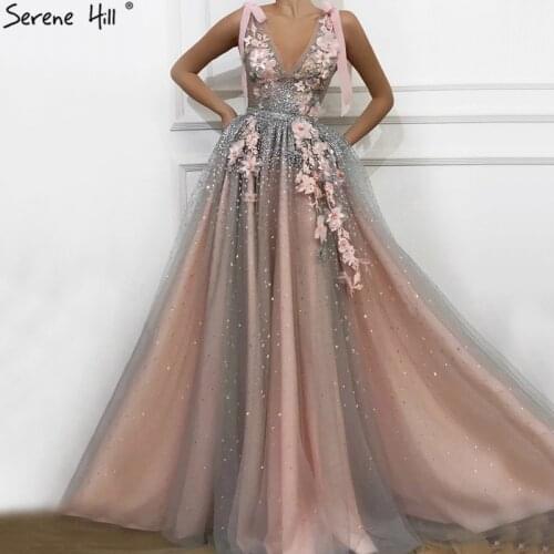 Pink V-Neck Diamond Pearls Sexy Evening Dresses Handmade Flowers Sleeveless Tulle Evening Gowns 2020 Serene Hill BLA60878
