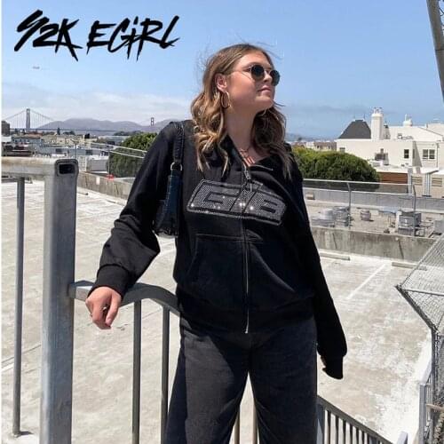 Y2K EGIRL 90S Fashion Rhinestone Zip Up Oversized Hoodies Indie Aesthetics Letter Graphic Long Sleeve Sweatshirts Autumn Outfits