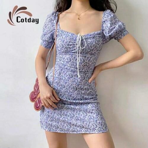 Cotday Square Print Collar Vintage Bow New Slim Mini Derss Square Collar Sheath Sweet Puff Japan Sleeve Chiffon Women Dresses