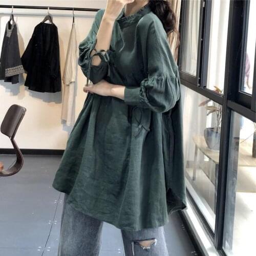 Cotton and linen womens wear spring and autumn new pure color lace up forest series top literature loose large womens wear