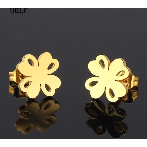 Uelf Hot Sale Stainless Steel Earrings brincos pendientes Lucky Clover Stud Earrings For Women Gift oorbellen