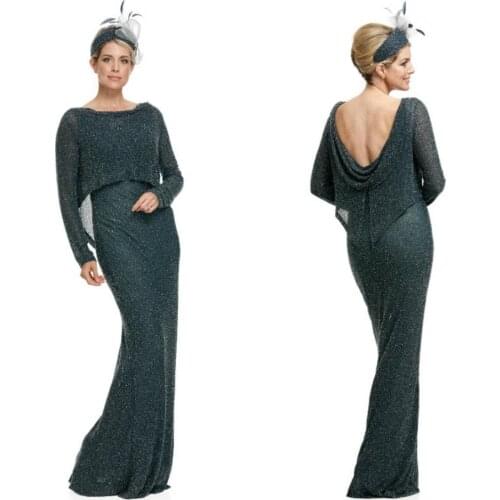 Long Sleeve Sparkly Beads Mermaid Mother Of The Bride Dresses Jewel Neck 2020 Wedding Guest Dress Plus Size Mother Formal Outfit