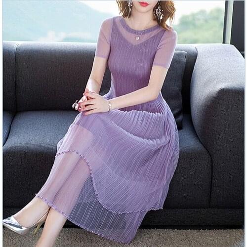 Ladies Dress Female Summer 2019 New Fashion Pleated Lace Long Paragraph Loose Large Size Dress Womens Clothing Round Neck