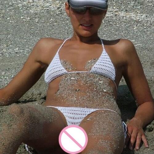 See Through Sexy Hot Erotic Crochet Bikini Swimming Suit for Women Bra and Panty Set Swimsuit Brazilian String Push Up Swimwear