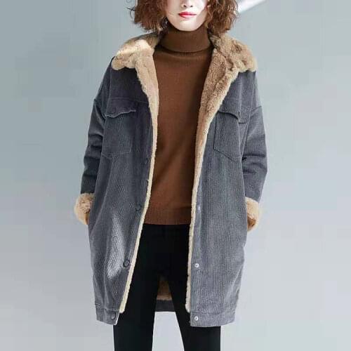 Winter Faux fur Coat Women Oversize Corduroy Coats Vintage Female Loose Long Jackets Casual Street Lady Lambswool Warm Outwears