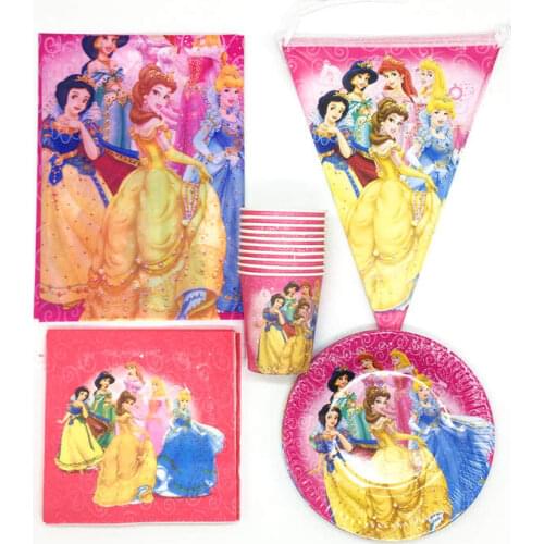 81pcs/lot Disney Six Princess Theme Kids Birthday Party Decorations Paper Cup Plate Banner Napkin Cartoon Tablecloth Sets Supply