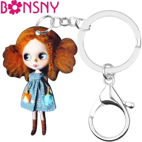 Bonsny Acrylic Big Eye Dress Girl Toy Doll Key Chains Rings Bag Car Purse Sweet Decorations Keychains Women Girls Lady Gift 2019