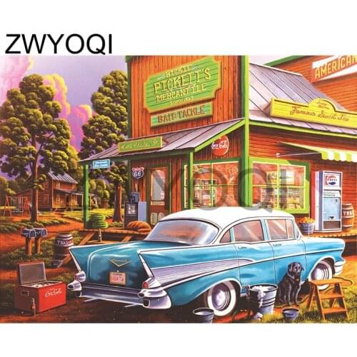 Full Round Diamond painting car dog Full Square Diamond embroidery Cross stitch car dog Chalet scenery DIY 3D Diamond mosaic car