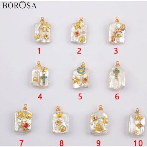 BOROSA 10Pcs Gild Natural Pearl With Multi CZ Charm Freeform Freshwater Pearl Beads Mixed for Earring for Necklace Jewelry G1911