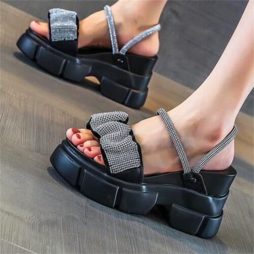 Diamonds Party Pumps Women Rhinestone Cow Leather Gladiator Sandals Platform Wedge High Heels Slippers Mules 34 35 36 37 38 39