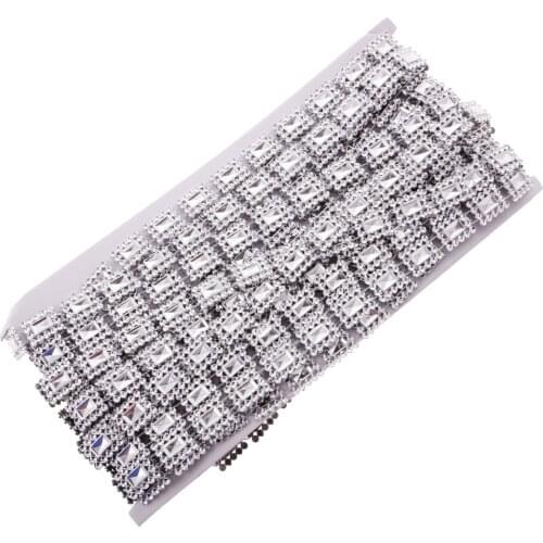 10 Yards Diamante Square Crystal Beaded Chain Ribbon Trim Plastic Crystal Chain Sewing Decoration Apparel Sewing Applique Silver