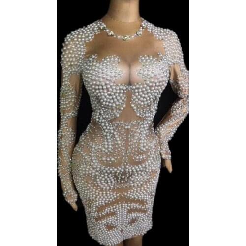 Elegant Rhinestone Pearls Party Dress Women Nude Color Birthday Celebration Bodycon Dress Singer Short Dress Stage Costumes