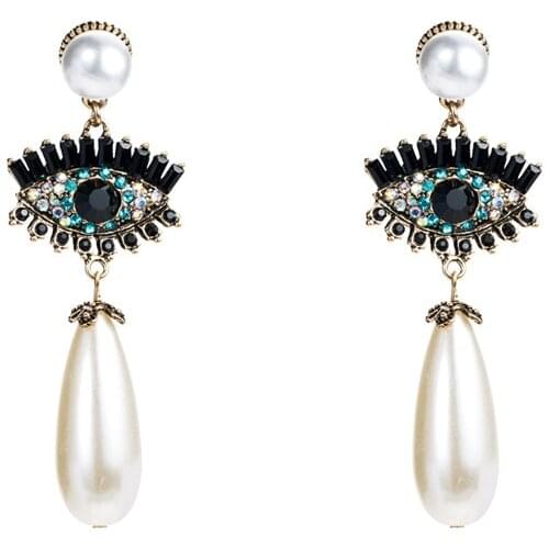 Europe And America Trendy Exaggerated Vintage Rhinestone Crystal Eye Dangle Earrings For Women Simulated Pearl Water Drop Brinco