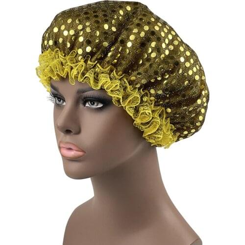 Sequins Bonnets For Women Salon Makeup Headband Lace Cap Double Layer Sleeping Hat Bonnet Hijab For Natural Long Hair Curly Hair
