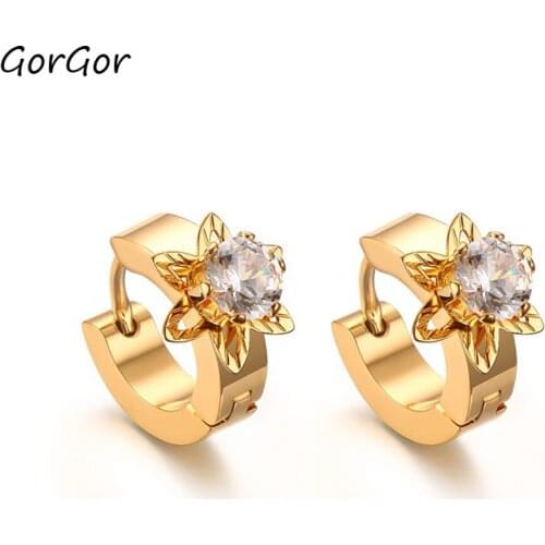 GorGor 2020 New Arrivals Stainless Steel Gold Color One Rhinestone Korean Plant Petal Earrings for Fashion Women Jewelry EH-164