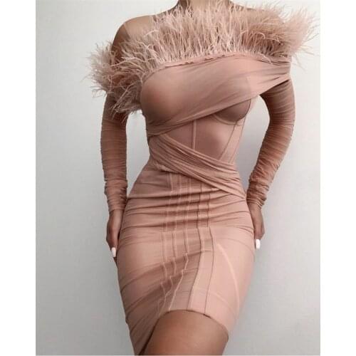 Hot Sale 2021 Winter Women Sexy Off Shoulder Feather Long Sleeve Bodycon Bandage Dress Elegant Celebrity Evening Party Dress