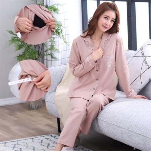 Cotton Maternity Breastfeeding Pajamas Set Cardigan+Trousers Turn-down Collar Cotton Pregnant Women Nursing Clothings Nightgown