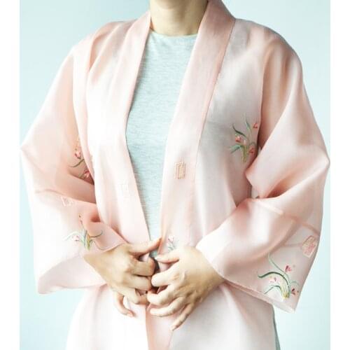 Chinese Traditional Hanfu Jacket and Coat Transparent Korean Embroidery Silk Organza Fabric Hand-made Customized Clothing