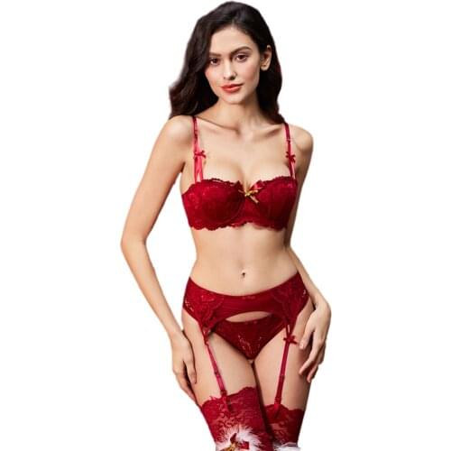 Women Push Up Bras Set Merry Christmas Festival Lace Lingerie Bra Panties Garter Velvet Stocking 4pcs/lot