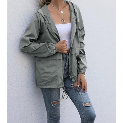 Women Long Sleeve Hooded Wind Jacket Lady Outdoor Waterproof with Zipper Rain Coat Basics Spring Solid Plus Size Drawstring Coat