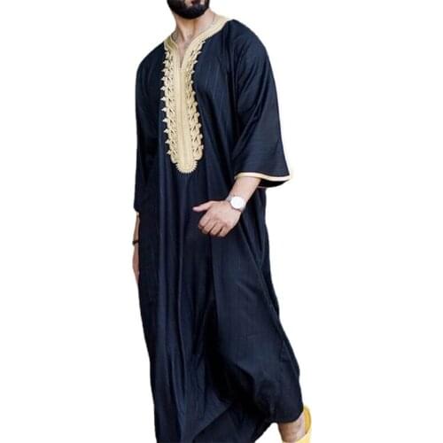 Muslim Men Jubba Thobe Long Sleeve Islamic Clothing Embroidery V-Neck Kimono Robe Abaya Caftan Dubai Arab Dress Shirts