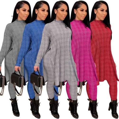 Spring New Womens Casual Fashion Houndstooth Printed Turtleneck Home Ladies 2-Piece Suit