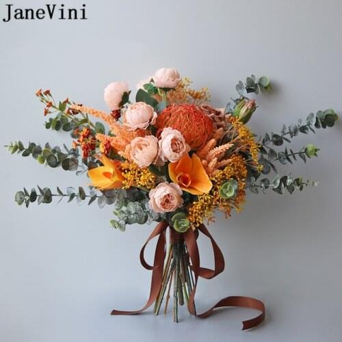 JaneVini Autumn Warm Tones Orange Wedding Flowers Bridal Bouquet Vintage Artificial Cymbidium Rose Bride Faux Bouquet De Fleur